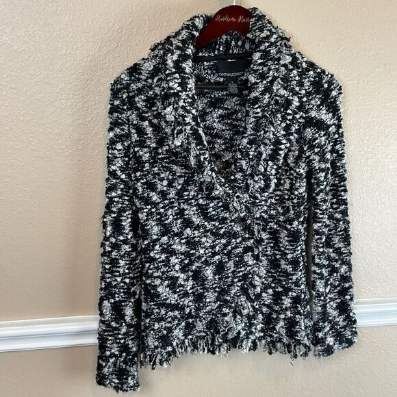Cynthia Rowley Wrap Sweater Blazer Sz S Black White Mohair Wool Blend Fringe T1 - Picture 2 of 12